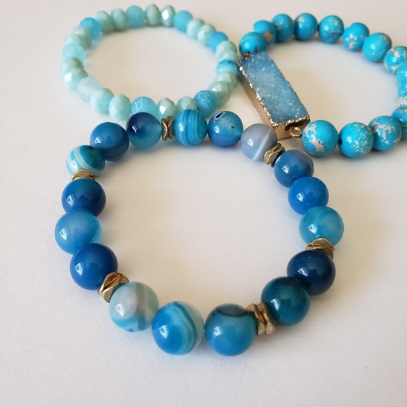 Bohemian Blue Ocean Women's bracelet 5pcs Natural Stone Glass Handmade Beaded - Picture 5 of 15